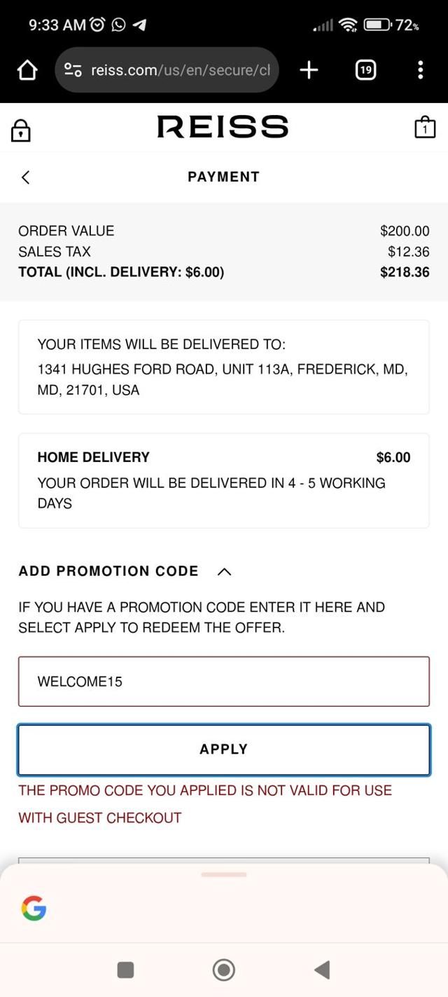 Reiss checkout page showing Reiss promo code box | Screenshot taken by SimplyCodes community member on Aug 8, 2025