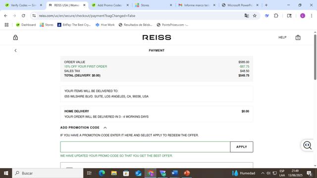 Reiss checkout page showing Reiss promo code box | Screenshot taken by SimplyCodes community member on Jun 13, 2025