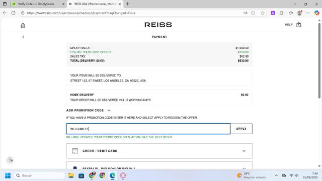 Reiss checkout page showing Reiss promo code box | Screenshot taken by SimplyCodes community member on Sep 1, 2025