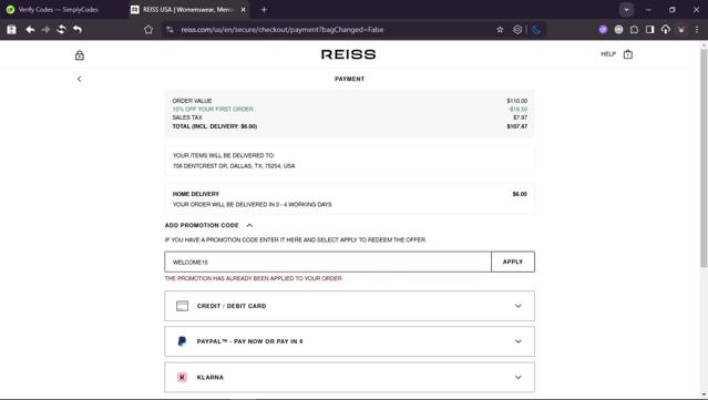 Reiss checkout page showing Reiss promo code box | Screenshot taken by SimplyCodes community member on Jul 14, 2025