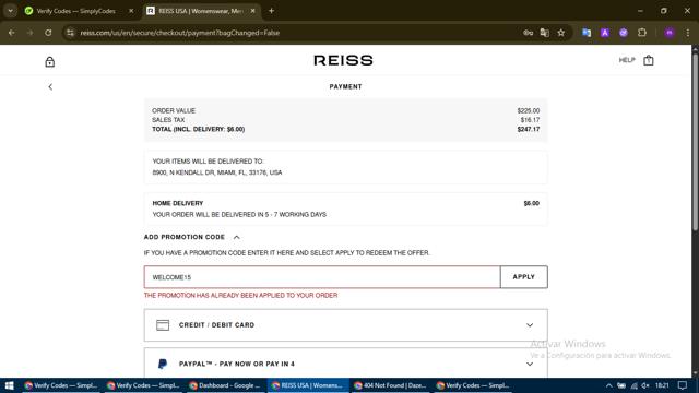 Reiss checkout page showing Reiss promo code box | Screenshot taken by SimplyCodes community member on Jul 26, 2025