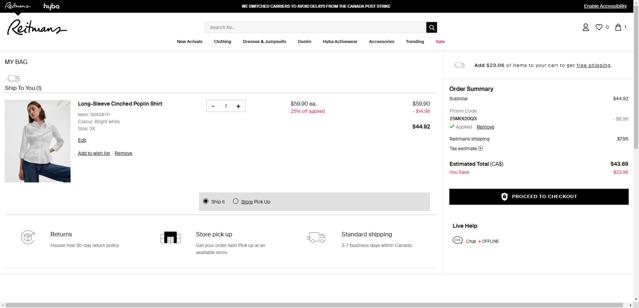 Reitmans checkout page showing Reitmans promo code box | Screenshot taken by SimplyCodes community member on Aug 27, 2025