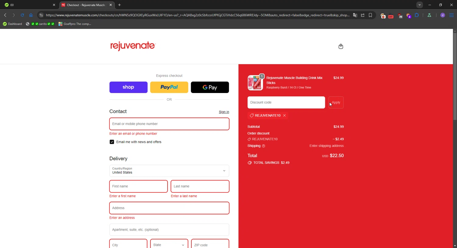 Rejuvenate Muscle Health promo code screenshot showing code REJUVENATE10 applied at Rejuvenate Muscle Health checkout page. Uploaded by SimplyCodes community member SavvySeeker200 on Nov 30, 2025