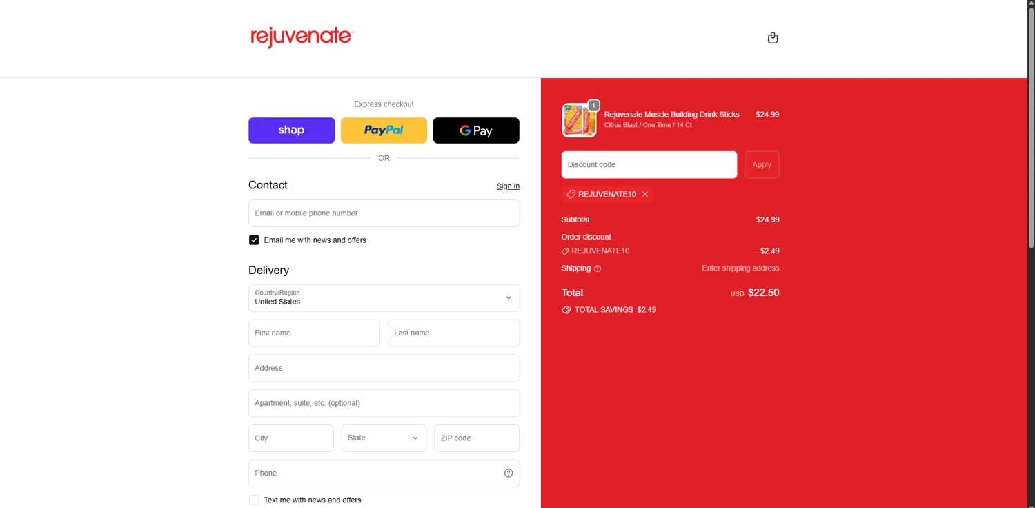 Rejuvenate Muscle Health promo code screenshot showing code REJUVENATE10 applied at Rejuvenate Muscle Health checkout page. Uploaded by SimplyCodes community member SwiftPhoenix267 on Sep 25, 2025