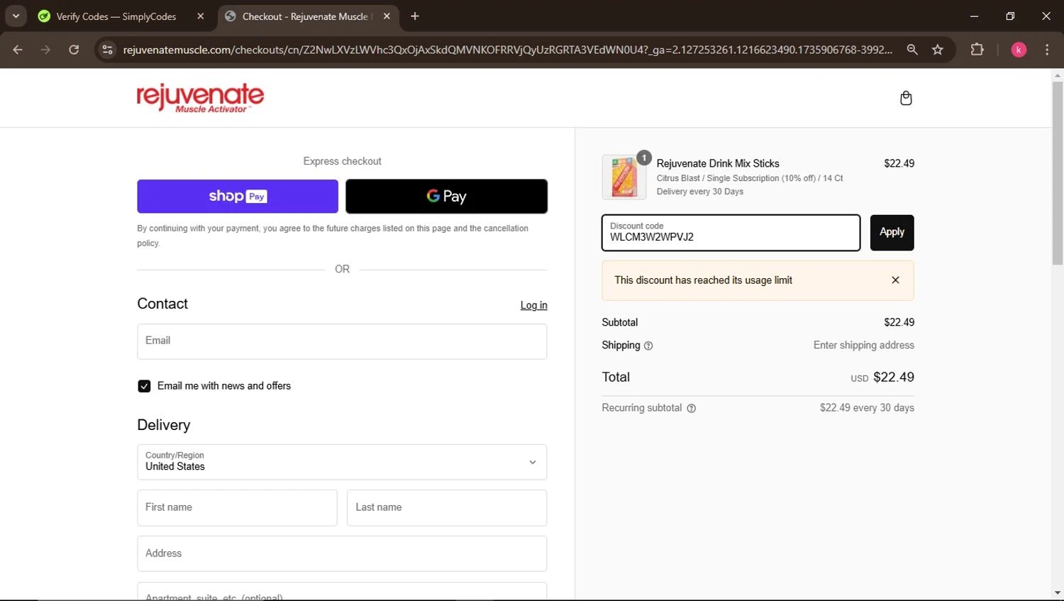 Rejuvenate Muscle Health promo code screenshot showing code WLCM3W2WPVJ2 applied at Rejuvenate Muscle Health checkout page. Uploaded by SimplyCodes community member ValiantElite2270 on Jan 3, 2025