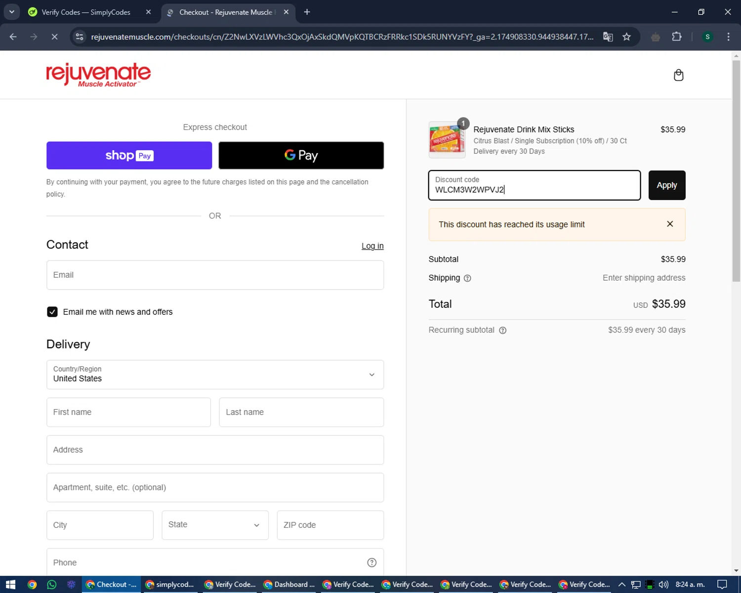 Rejuvenate Muscle Health promo code screenshot showing code WLCM3W2WPVJ2 applied at Rejuvenate Muscle Health checkout page. Uploaded by SimplyCodes community member lilMosey on Jan 3, 2025