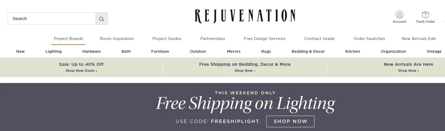 Rejuvenation promo code screenshot showing code FREESHIPLIGHT applied at Rejuvenation checkout page. Uploaded by SimplyCodes community member valeriaantonieta on Feb 27, 2026