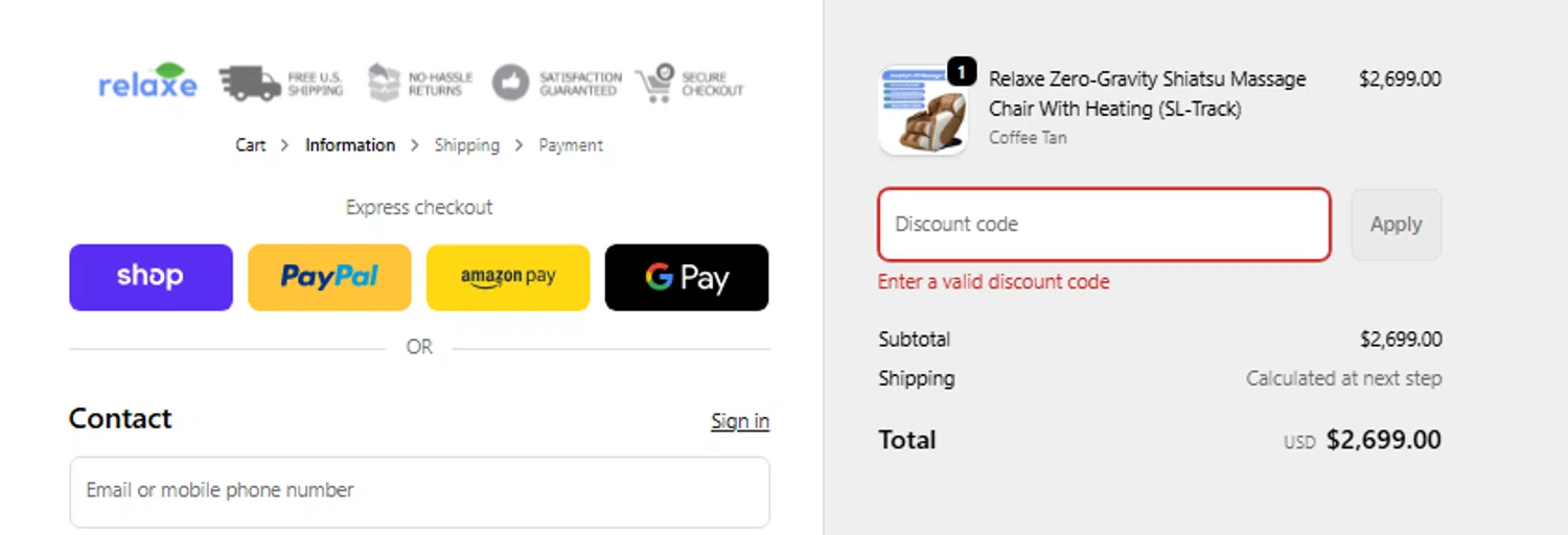 Relaxe discount code screenshot showing code COFFEE applied at Relaxe checkout page. Uploaded by SimplyCodes community member CouponLion324 on Nov 20, 2025