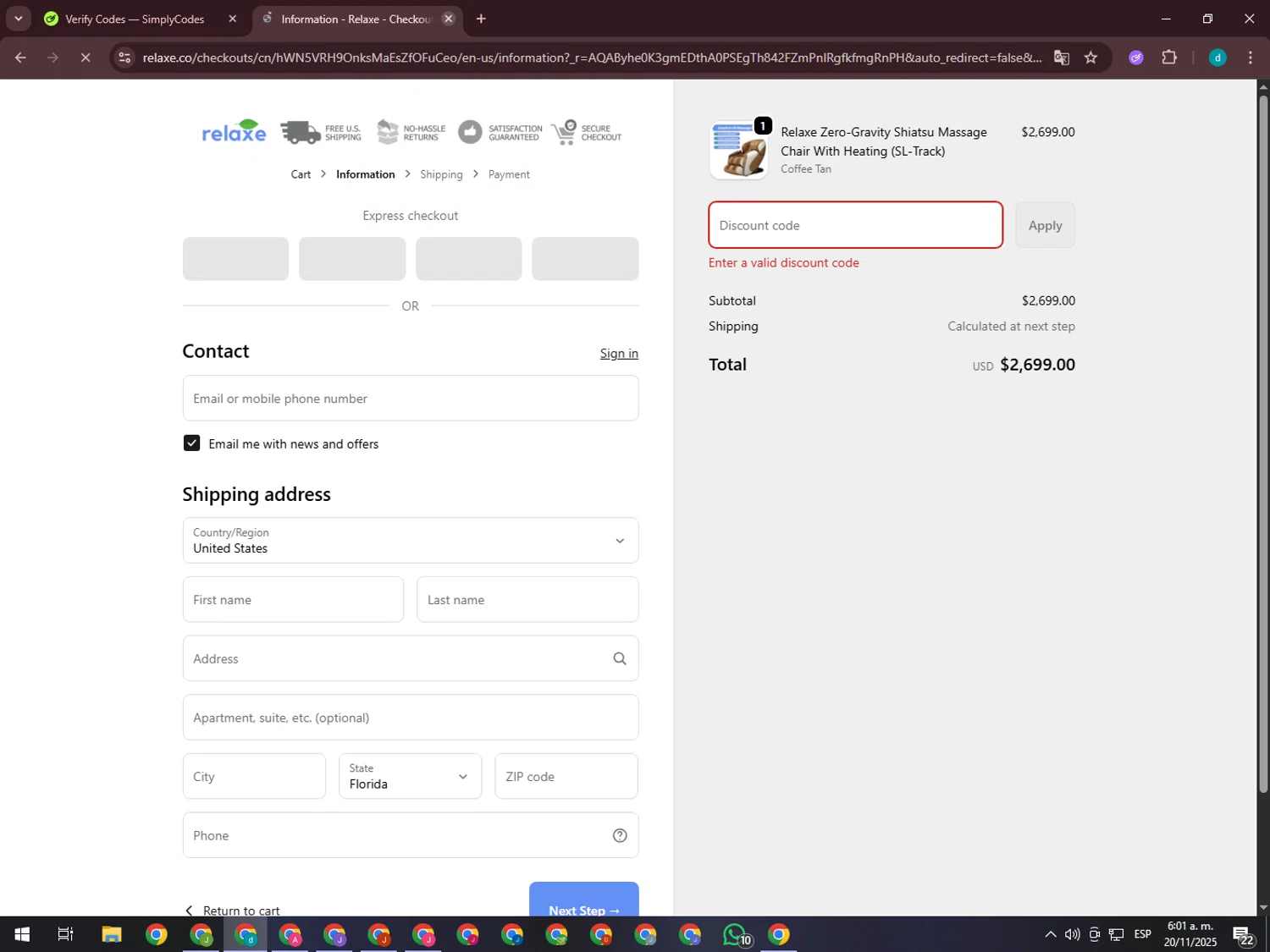 Relaxe discount code screenshot showing code COFFEE applied at Relaxe checkout page. Uploaded by SimplyCodes community member GloriousTiger3507 on Nov 20, 2025