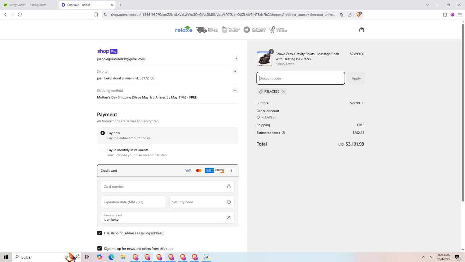 Relaxe discount code screenshot showing code RELAXE20 applied at Relaxe checkout page. Uploaded by SimplyCodes community member jHjJJJhgPlDmsdUYitrNMASDll on Apr 18, 2025