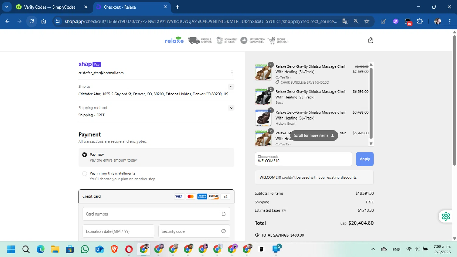 Relaxe discount code screenshot showing code WELCOME10 applied at Relaxe checkout page. Uploaded by SimplyCodes community member DavidMGF on May 2, 2025