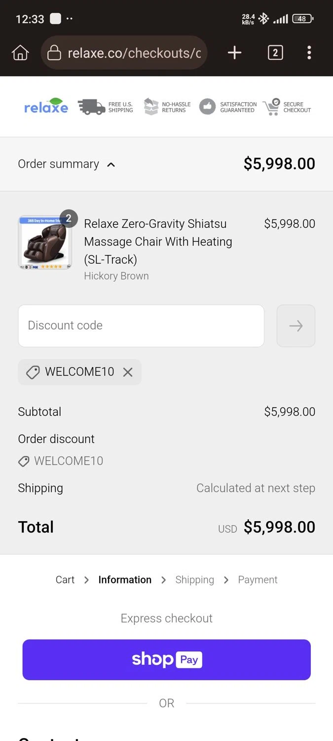 Relaxe discount code screenshot showing code WELCOME10 applied at Relaxe checkout page. Uploaded by SimplyCodes community member Willfrenny_18 on Jun 7, 2025