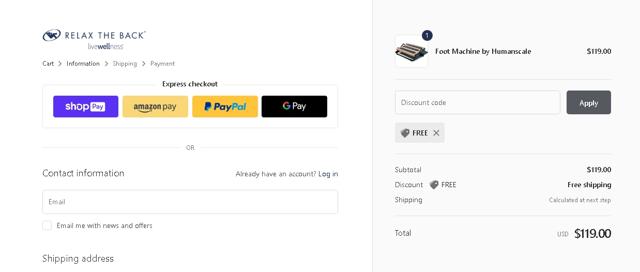Relax The Back checkout page showing Relax The Back discount code box | Screenshot taken by SimplyCodes community member on Mar 9, 2022
