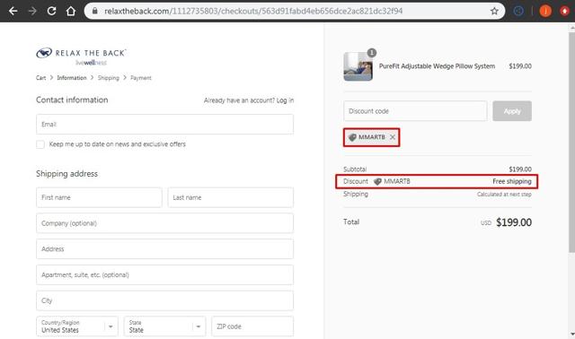 Relax The Back checkout page showing Relax The Back discount code box | Screenshot taken by SimplyCodes community member on May 4, 2021