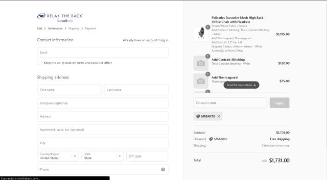 Relax The Back checkout page showing Relax The Back discount code box | Screenshot taken by SimplyCodes community member on May 22, 2021