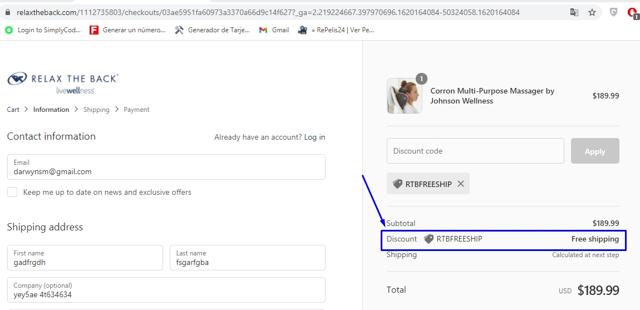 Relax The Back checkout page showing Relax The Back discount code box | Screenshot taken by SimplyCodes community member on May 4, 2021