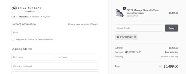 Relax The Back checkout page showing Relax The Back discount code box | Screenshot taken by SimplyCodes community member on Aug 13, 2021