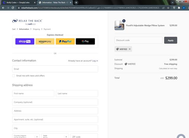 Relax The Back checkout page showing Relax The Back discount code box | Screenshot taken by SimplyCodes community member on Mar 6, 2022