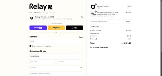 Relay Goods checkout page showing Relay Goods discount code box | Screenshot taken by SimplyCodes community member on Apr 30, 2025