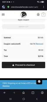 Relentless Defender Apparel coupon verification screenshot