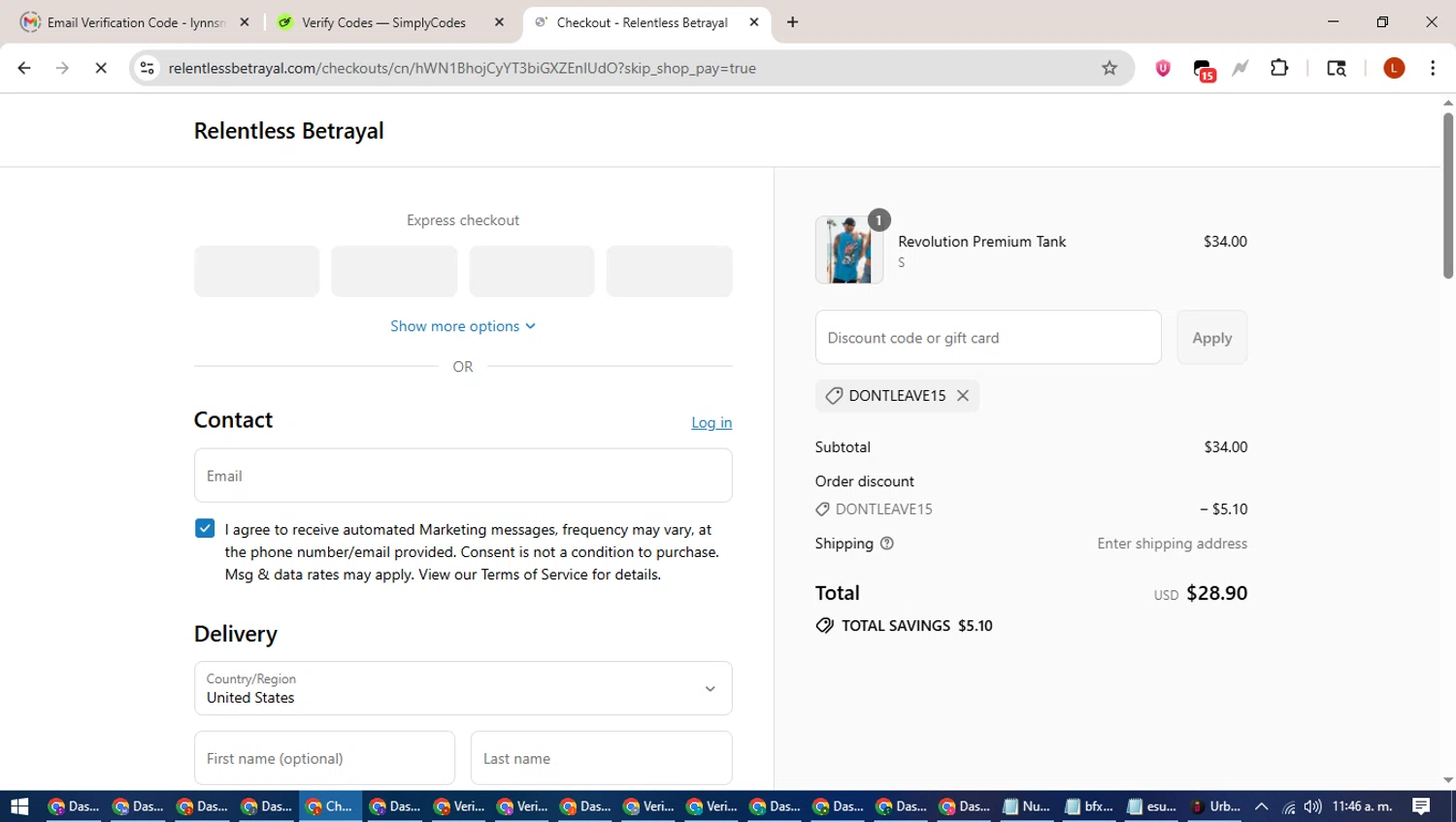Relentless Betrayal discount code screenshot showing code DONTLEAVE15 applied at Relentless Betrayal checkout page. Uploaded by SimplyCodes community member BonusHero9692 on Jul 29, 2025