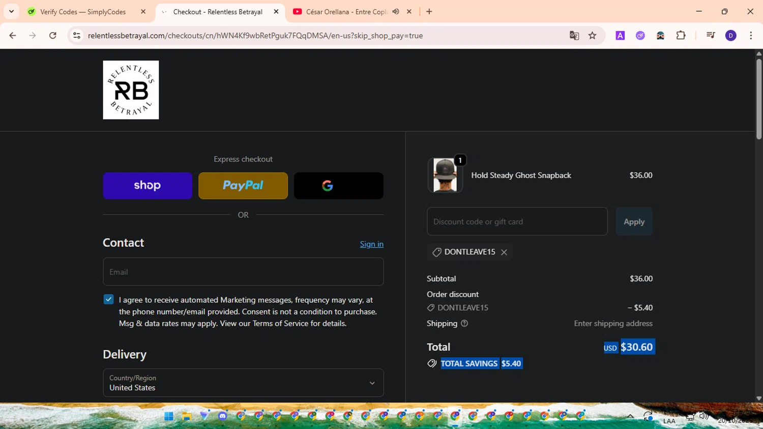 Relentless Betrayal discount code screenshot showing code DONTLEAVE15 applied at Relentless Betrayal checkout page. Uploaded by SimplyCodes community member PromoLion4240 on Oct 20, 2025