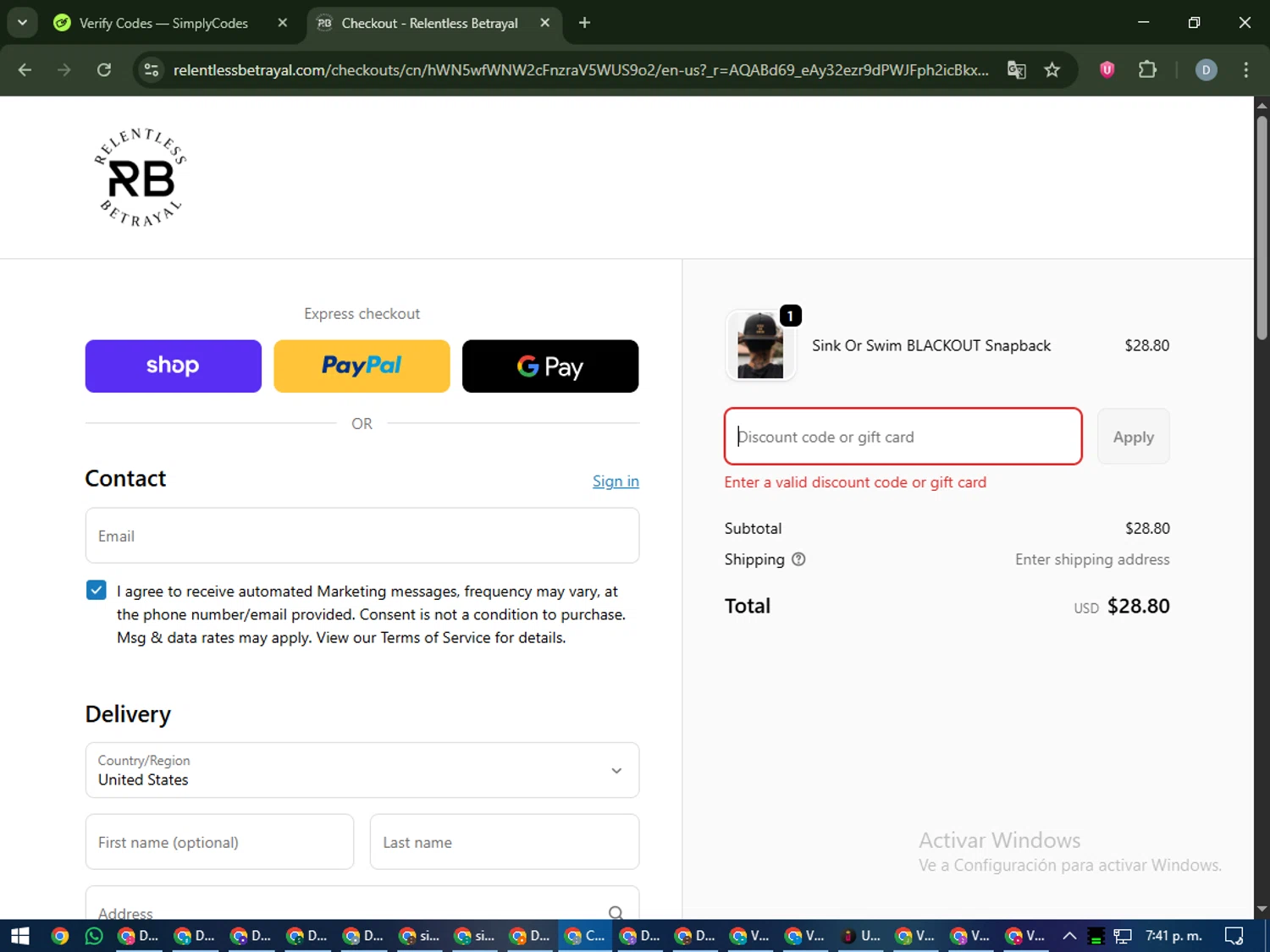 Relentless Betrayal discount code screenshot showing code StayRad15 applied at Relentless Betrayal checkout page. Uploaded by SimplyCodes community member CleverCurator2558 on Dec 1, 2025