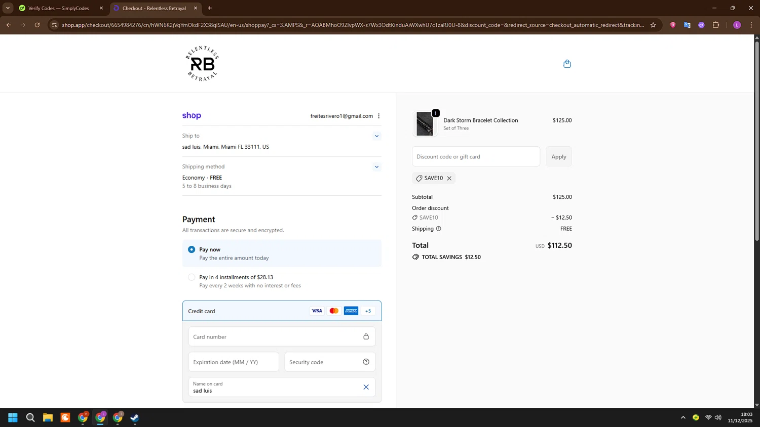 Relentless Betrayal discount code screenshot showing code save10 applied at Relentless Betrayal checkout page. Uploaded by SimplyCodes community member ValueRanger3925 on Dec 11, 2025