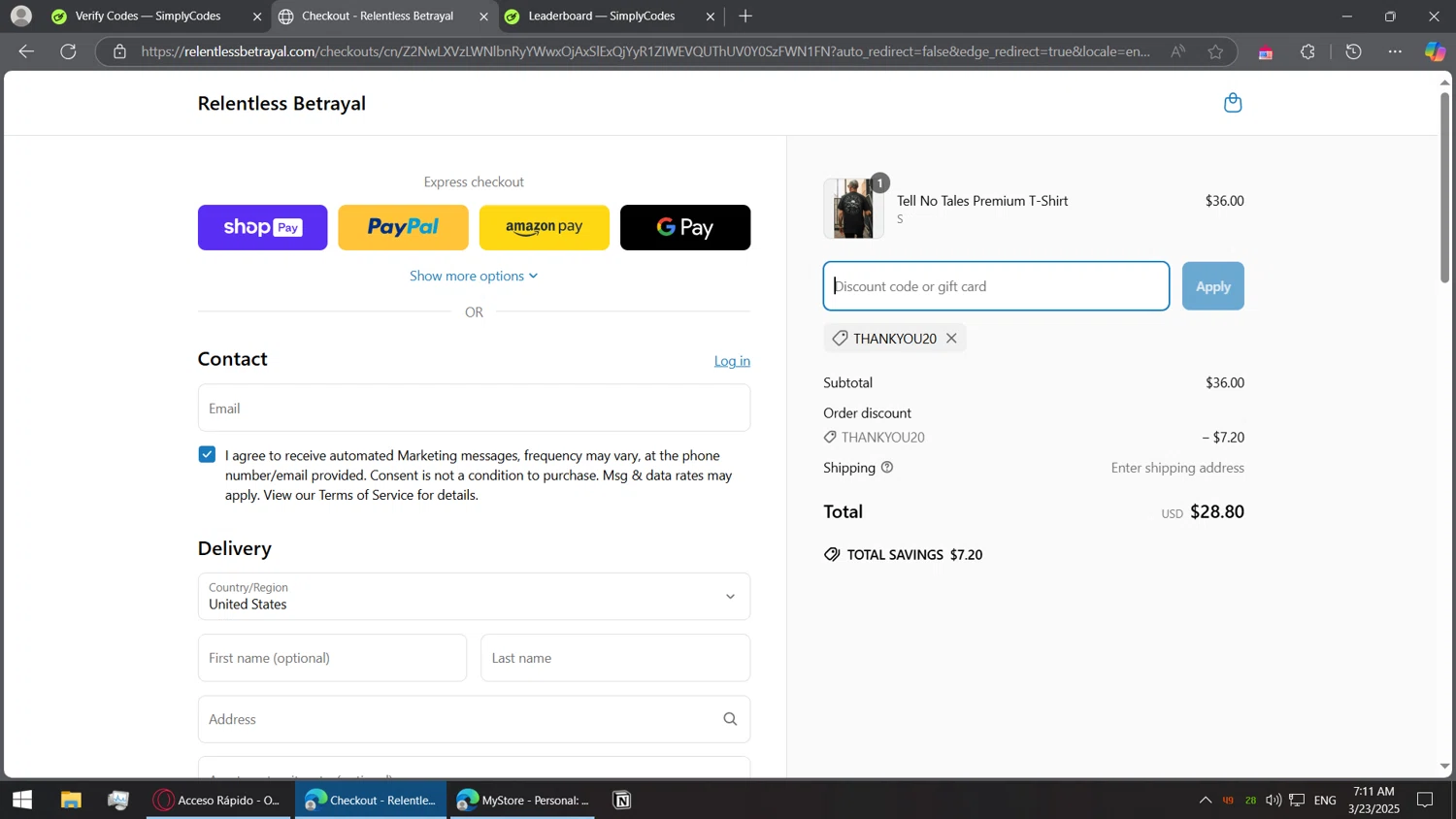 Relentless Betrayal discount code screenshot showing code THANKYOU20 applied at Relentless Betrayal checkout page. Uploaded by SimplyCodes community member BorgeZzz on Mar 23, 2025