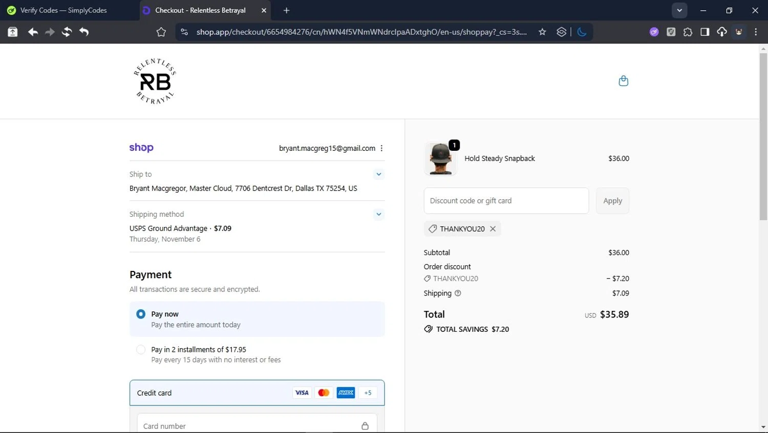 Relentless Betrayal discount code screenshot showing code THANKYOU20 applied at Relentless Betrayal checkout page. Uploaded by SimplyCodes community member USER_RANDON on Oct 29, 2025