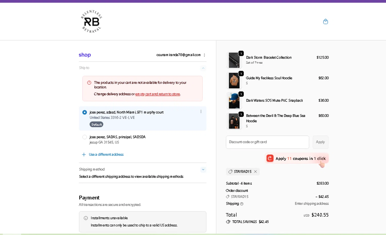 Relentless Betrayal discount code screenshot showing code StayRad15 applied at Relentless Betrayal checkout page. Uploaded by SimplyCodes community member FramiraGaminG on Dec 11, 2025