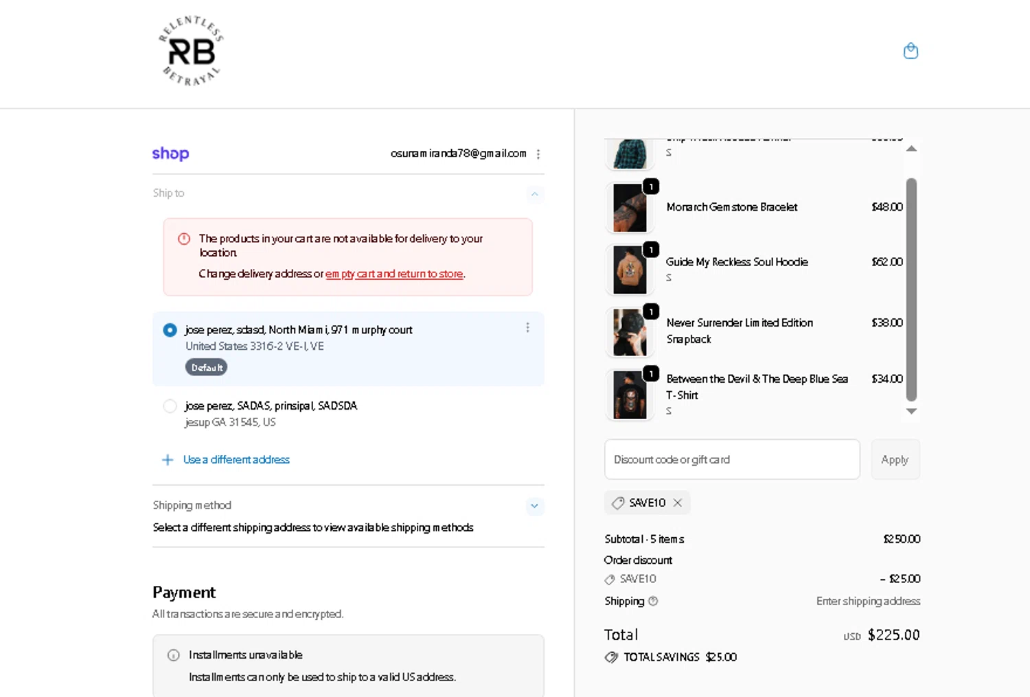 Relentless Betrayal discount code screenshot showing code SAVE10 applied at Relentless Betrayal checkout page. Uploaded by SimplyCodes community member FramiraGaminG on Dec 11, 2025