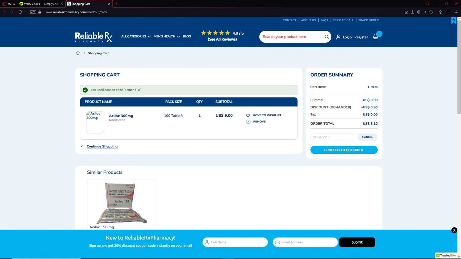 Reliable Rx Pharmacy checkout page showing Reliable Rx Pharmacy coupon code box | Screenshot taken by SimplyCodes community member on Jan 24, 2025