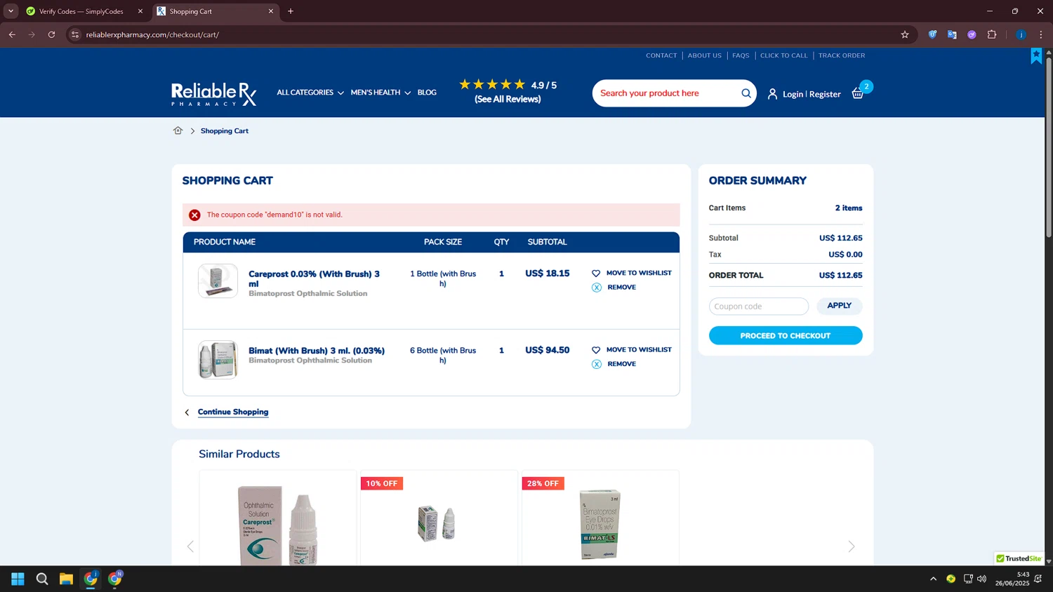 Reliable Rx Pharmacy coupon code screenshot showing code Demand10 applied at Reliable Rx Pharmacy checkout page. Uploaded by SimplyCodes community member CashLegend3767 on Jun 26, 2025