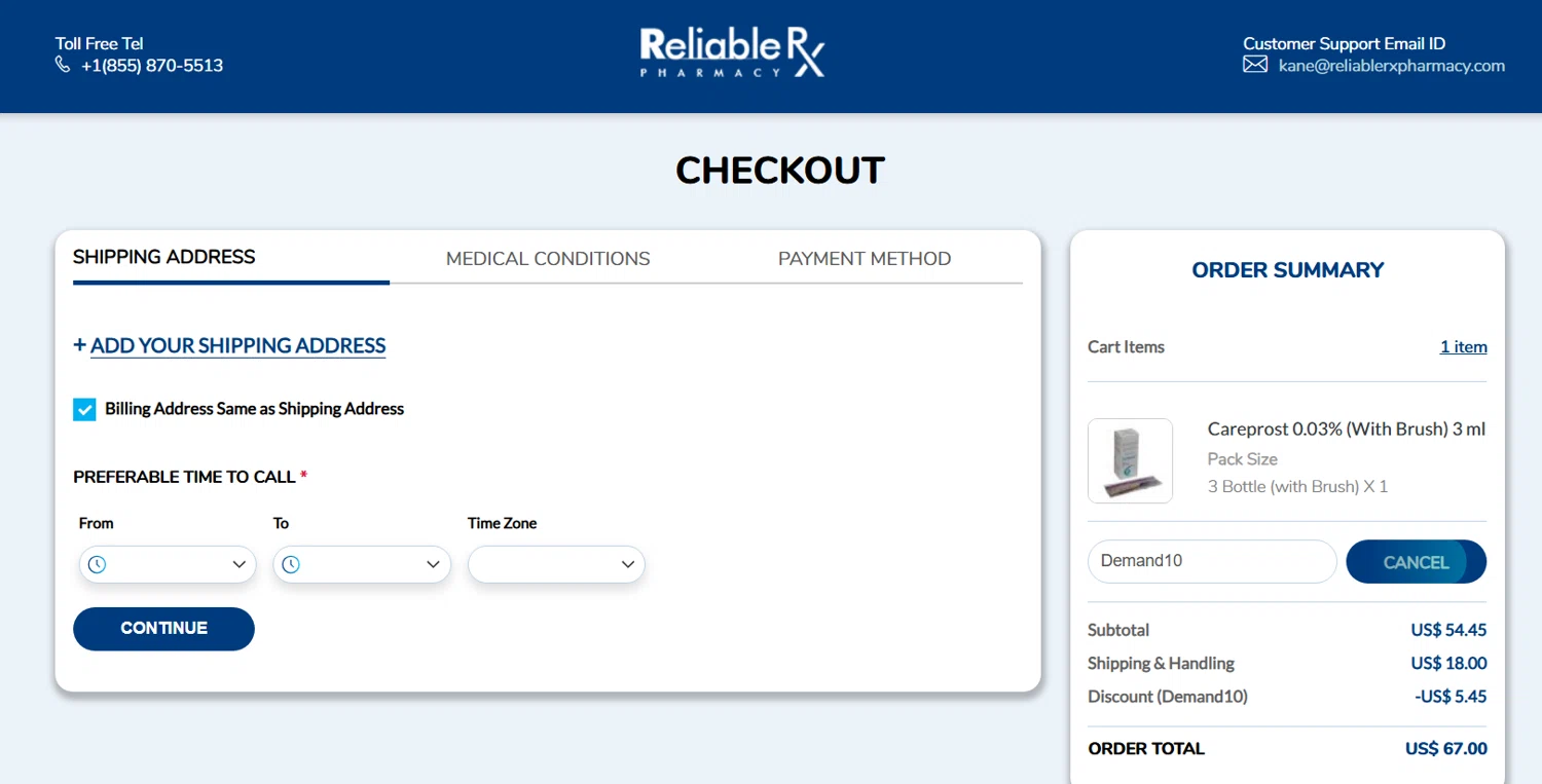 Reliable Rx Pharmacy checkout page showing Reliable Rx Pharmacy coupon code box | Screenshot taken by SimplyCodes community member on May 5, 2025
