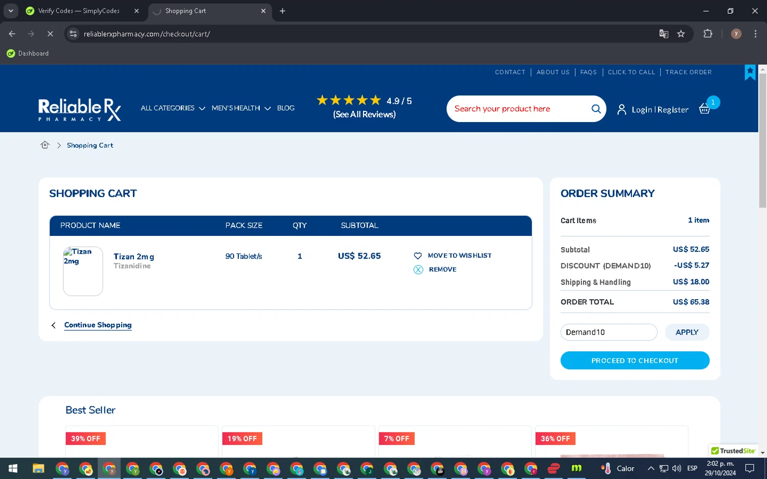 Reliable Rx Pharmacy checkout page showing Reliable Rx Pharmacy coupon code box | Screenshot taken by SimplyCodes community member on Oct 29, 2024
