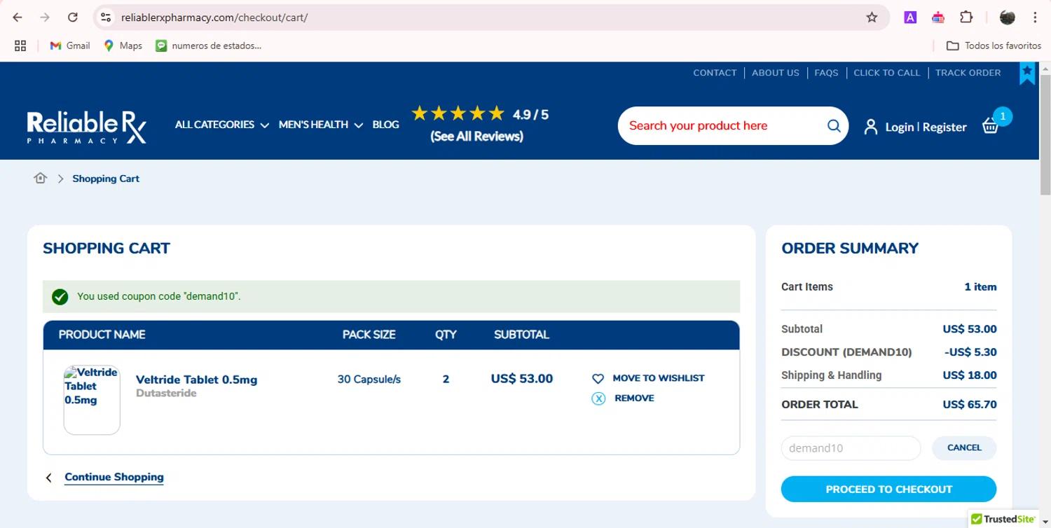 Reliable Rx Pharmacy checkout page showing Reliable Rx Pharmacy coupon code box | Screenshot taken by SimplyCodes community member on Jan 24, 2025