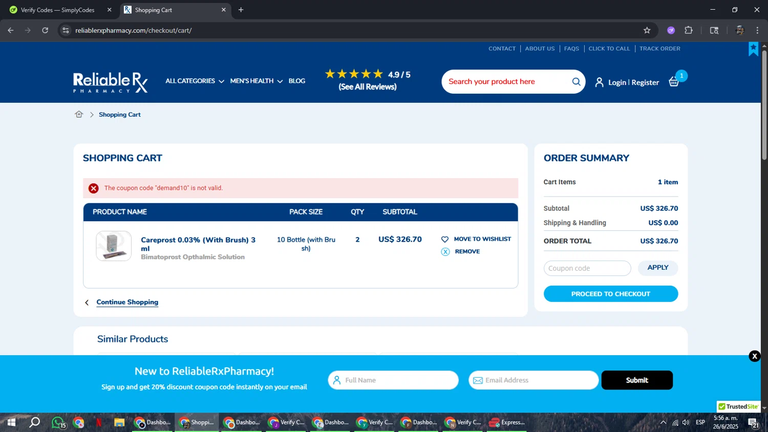 Reliable Rx Pharmacy coupon code screenshot showing code Demand10 applied at Reliable Rx Pharmacy checkout page. Uploaded by SimplyCodes community member xxdddd on Jun 26, 2025