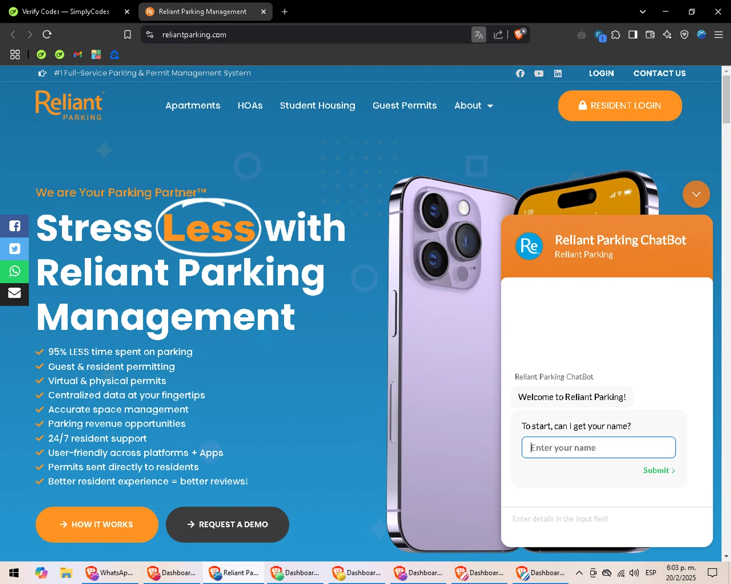 Reliant Parking promo code screenshot showing code VDAY20 applied at Reliant Parking checkout page. Uploaded by SimplyCodes community member BargainLegend6587 on Feb 20, 2025