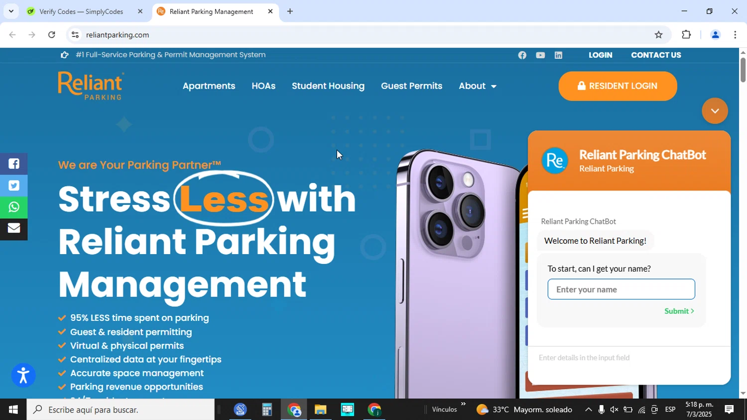 Reliant Parking promo code screenshot showing code VDAY20 applied at Reliant Parking checkout page. Uploaded by SimplyCodes community member jorgejavierherrera on Mar 7, 2025