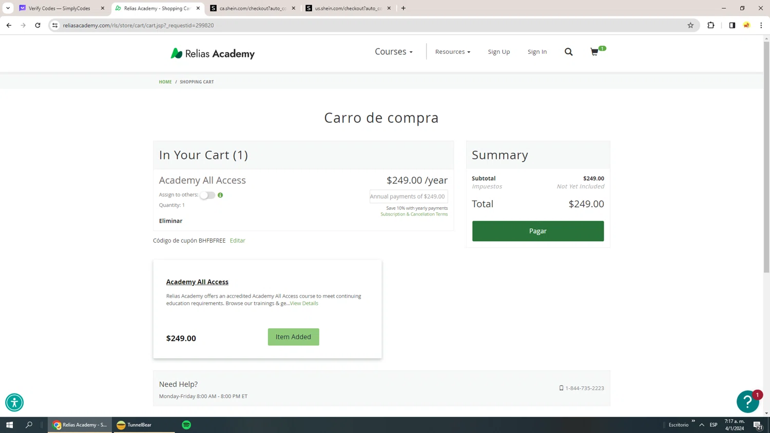 Relias Academy checkout page showing Relias Academy promo code box | Screenshot taken by SimplyCodes community member on Jan 4, 2024