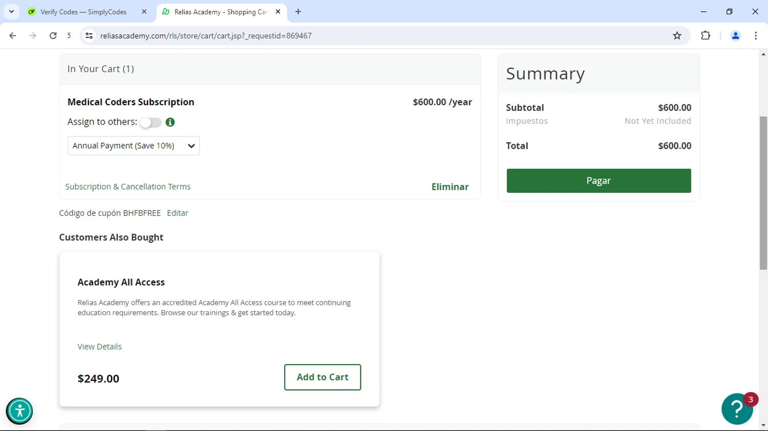 Relias Academy checkout page showing Relias Academy promo code box | Screenshot taken by SimplyCodes community member on Aug 20, 2024