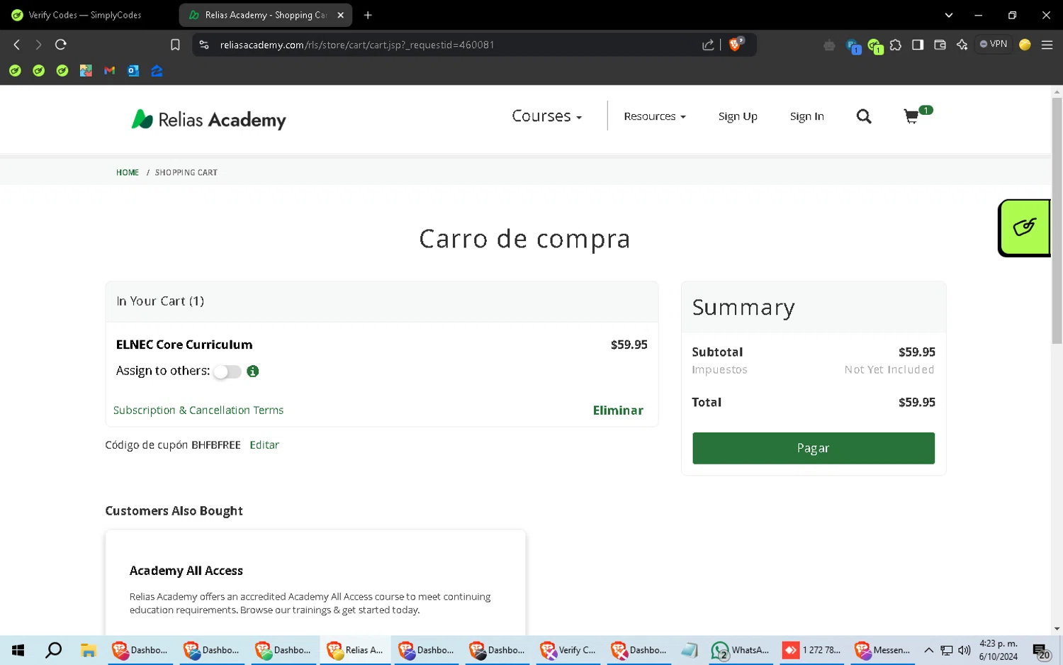 Relias Academy checkout page showing Relias Academy promo code box | Screenshot taken by SimplyCodes community member on Oct 6, 2024