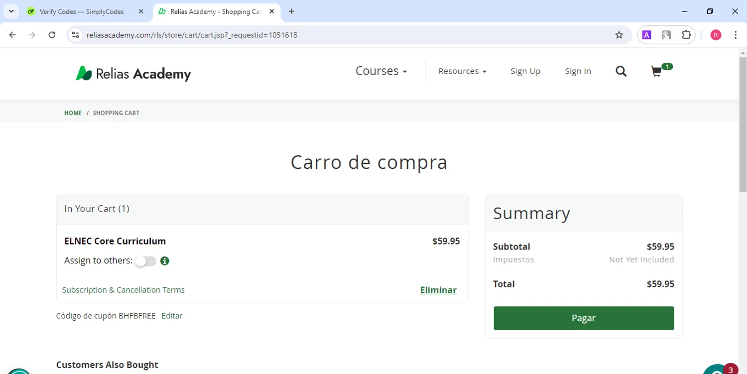 Relias Academy checkout page showing Relias Academy promo code box | Screenshot taken by SimplyCodes community member on Aug 23, 2024