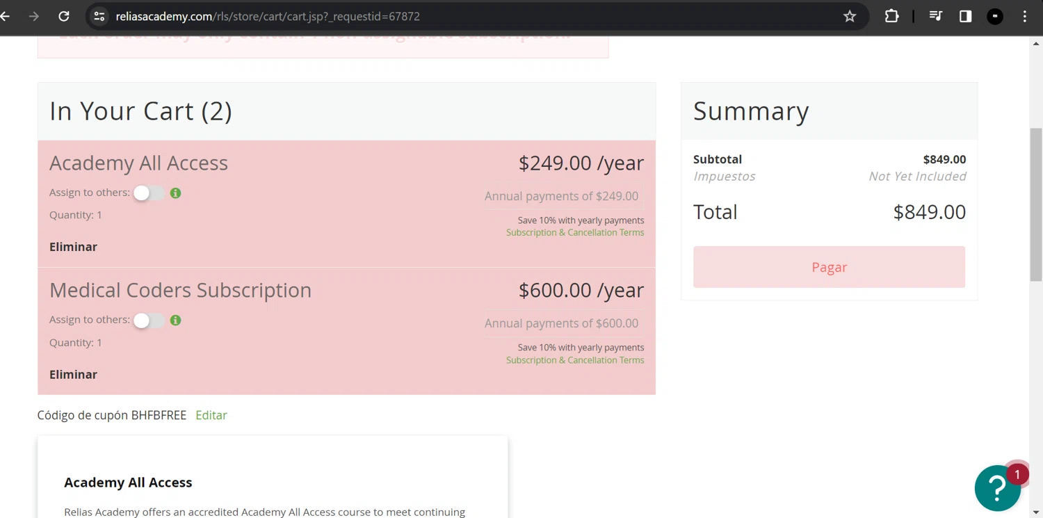 Relias Academy checkout page showing Relias Academy promo code box | Screenshot taken by SimplyCodes community member on Feb 2, 2024