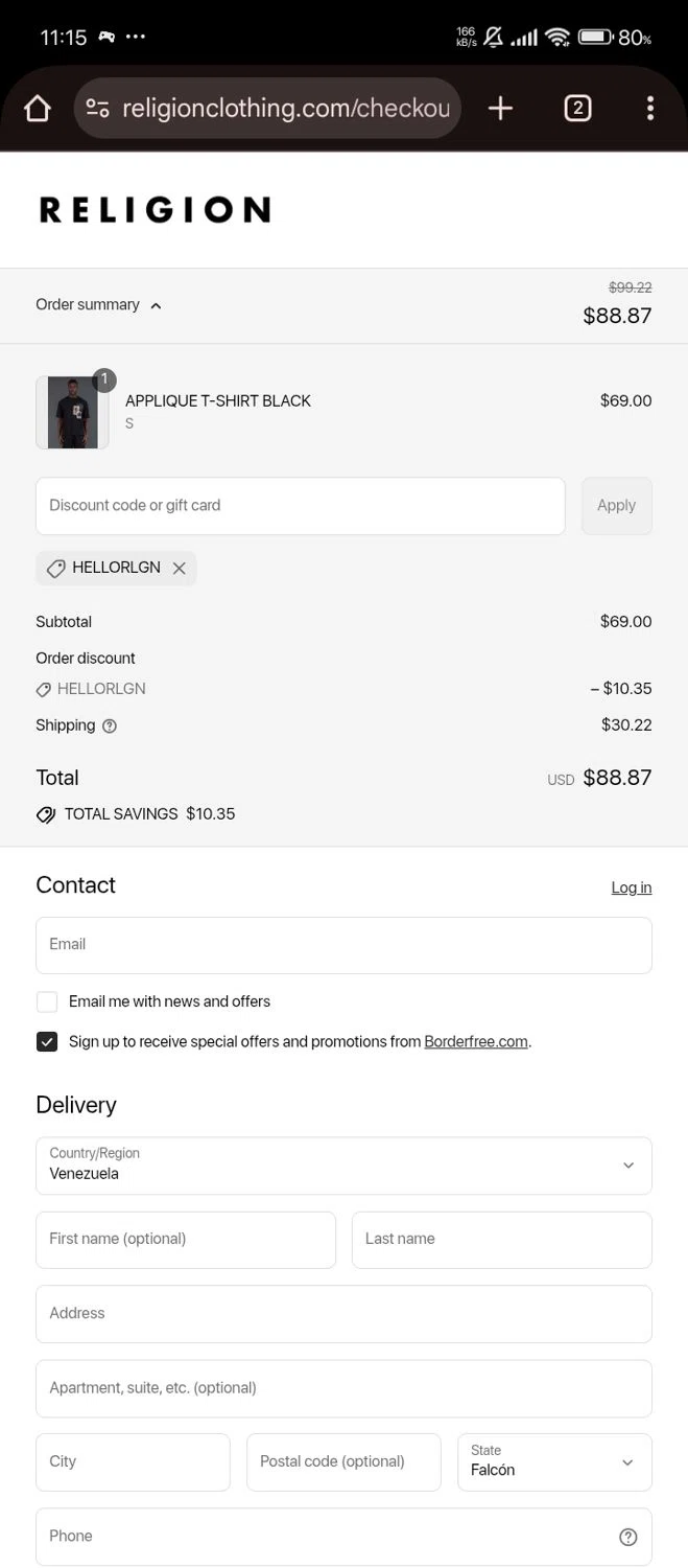 Religion Clothing promo code screenshot showing code HELLORLGN applied at Religion Clothing checkout page. Uploaded by SimplyCodes community member Bjhfuhdf on Aug 30, 2025