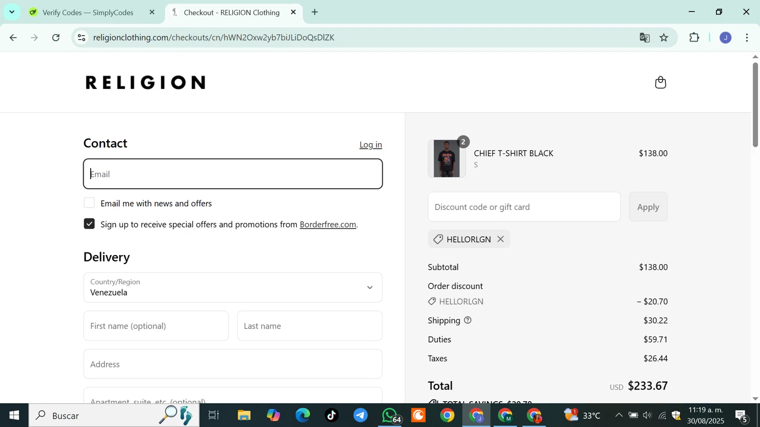 Religion Clothing promo code screenshot showing code HELLORLGN applied at Religion Clothing checkout page. Uploaded by SimplyCodes community member DiscountSleuth6807 on Aug 30, 2025