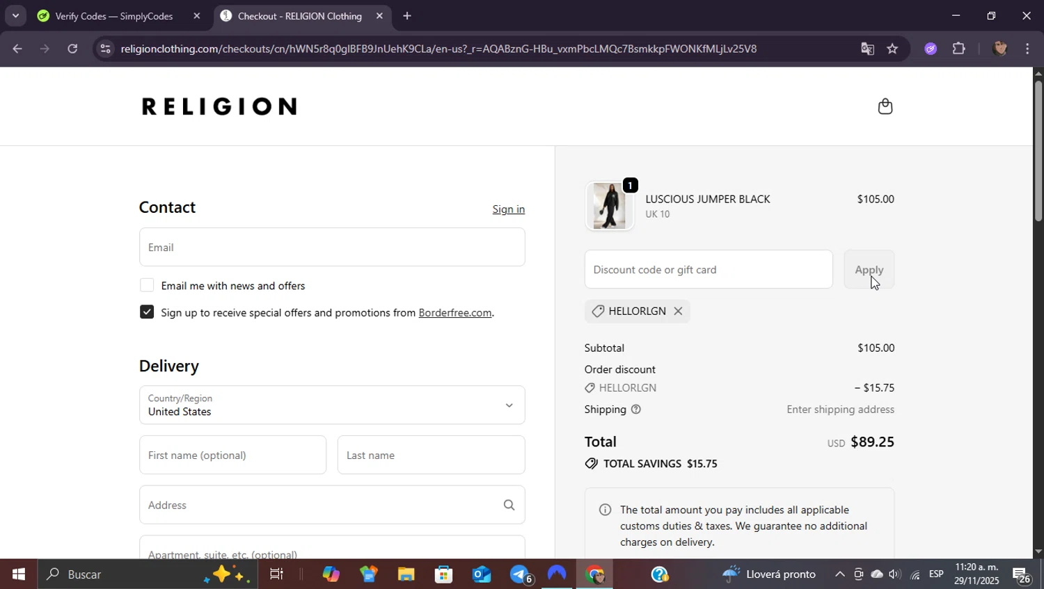 Religion Clothing promo code screenshot showing code HELLORLGN applied at Religion Clothing checkout page. Uploaded by SimplyCodes community member ShieldEagle9436 on Nov 29, 2025