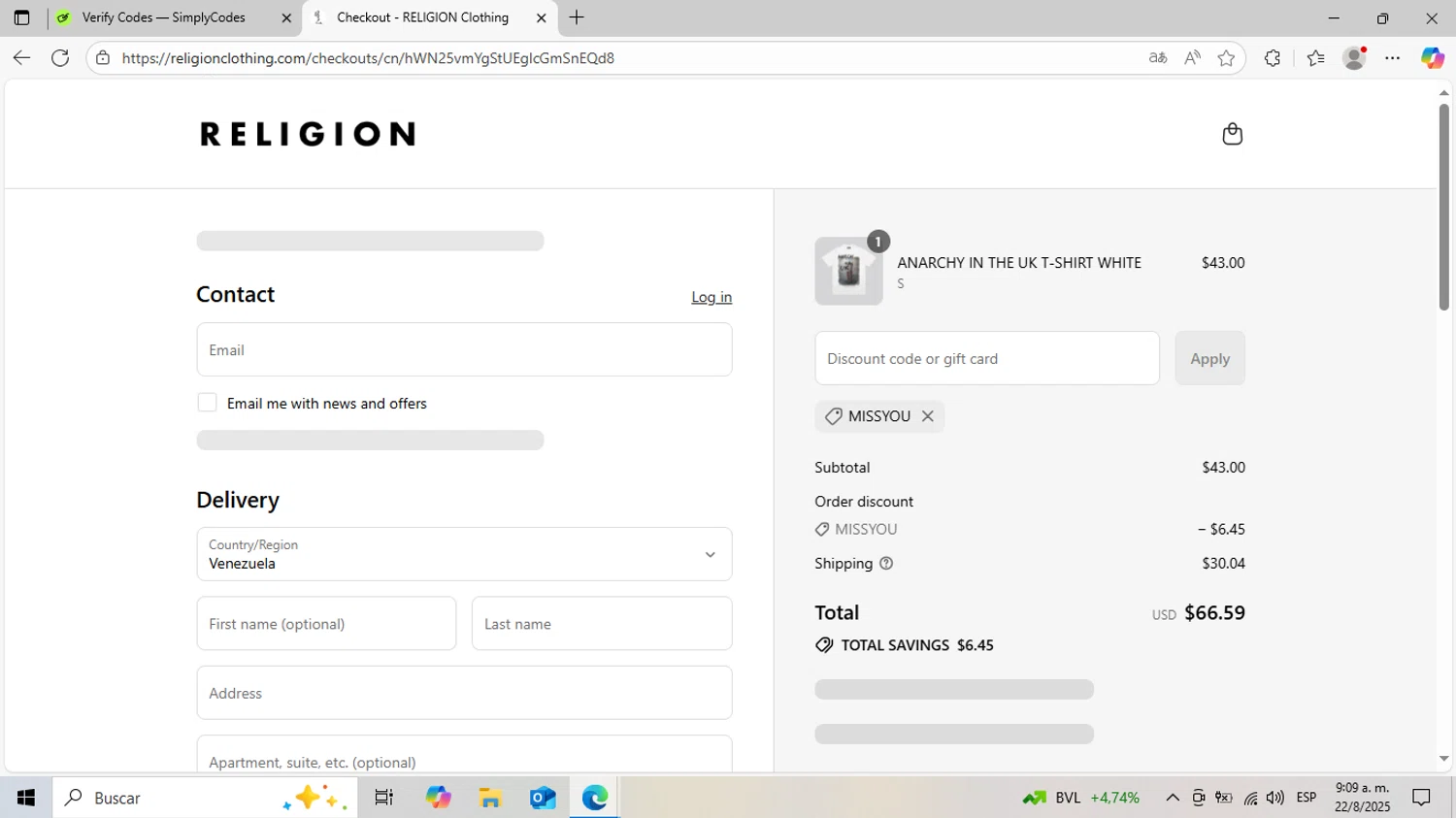 Religion Clothing promo code screenshot showing code MISSYOU applied at Religion Clothing checkout page. Uploaded by SimplyCodes community member DiscountCurator2907 on Aug 22, 2025