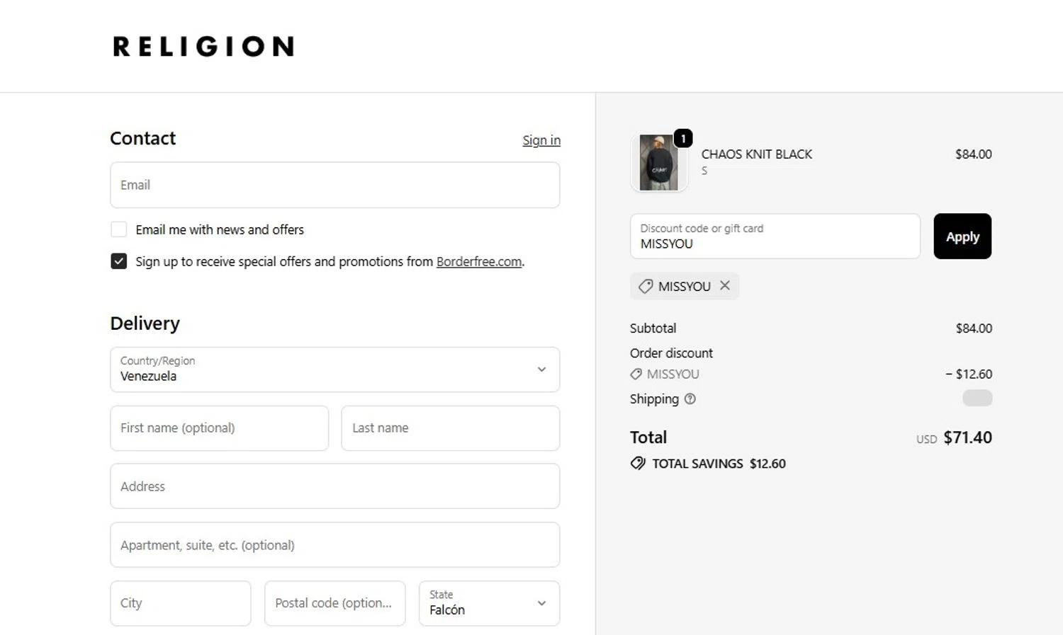 Religion Clothing promo code screenshot showing code MISSYOU applied at Religion Clothing checkout page. Uploaded by SimplyCodes community member FortunateScholar5901 on Dec 5, 2025
